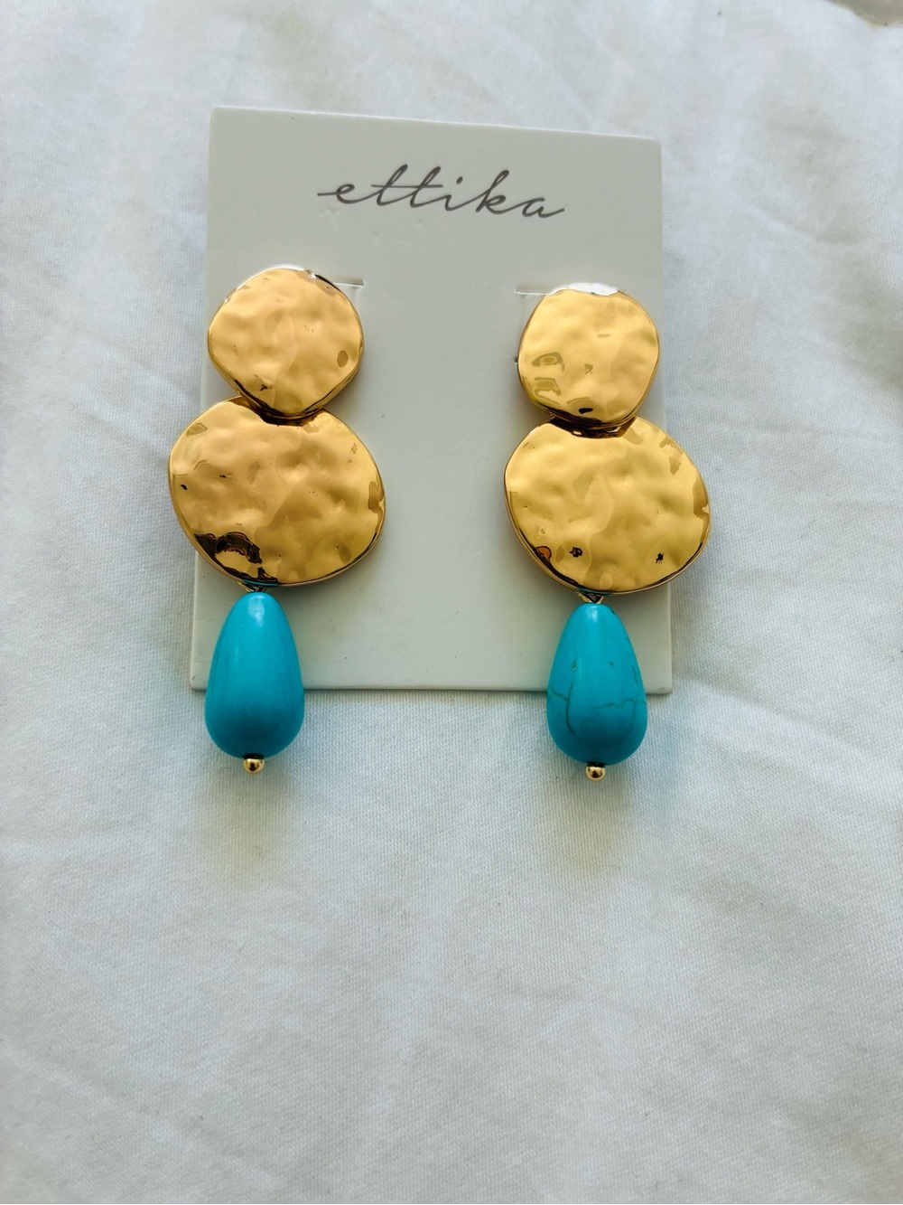ettika Gold Hammered Disc Earrings with Turquoise Teardrops